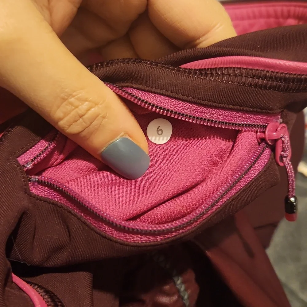 Lululemon Burgundy Pink Ruched Reflective Running‎ Leggings Size 6 Zipper Pocket